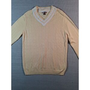 White Stag Sweater Womens XXL 20 Yellow Cable Knit V-Neck Striped Trim